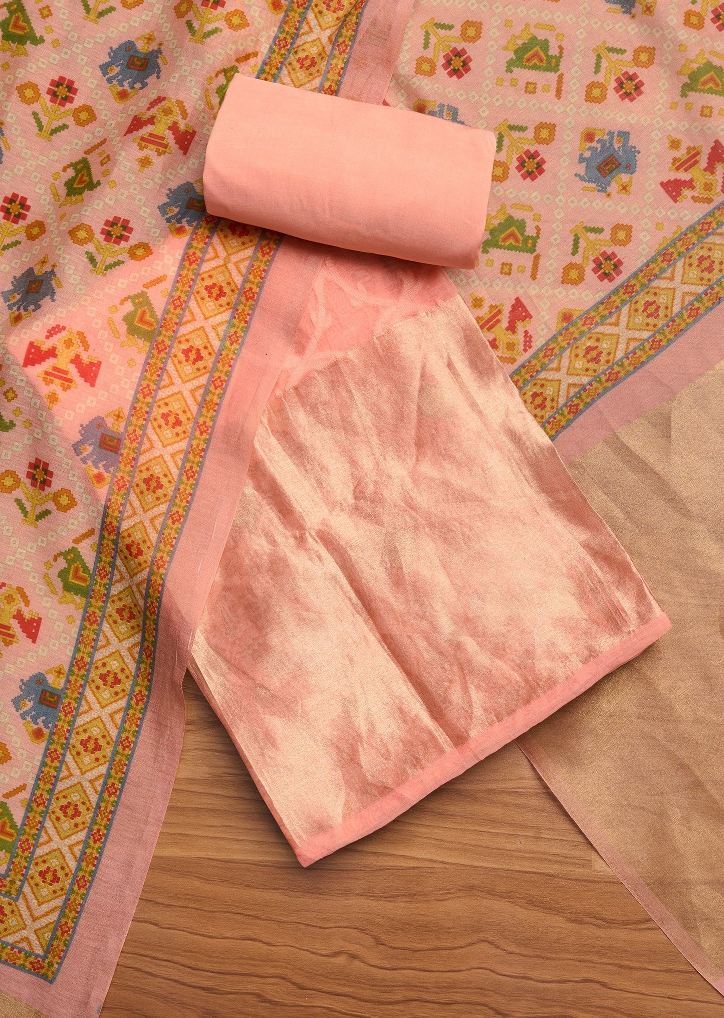 Peach Chanderi With Multi Colour Printed Unstitched Suit Set