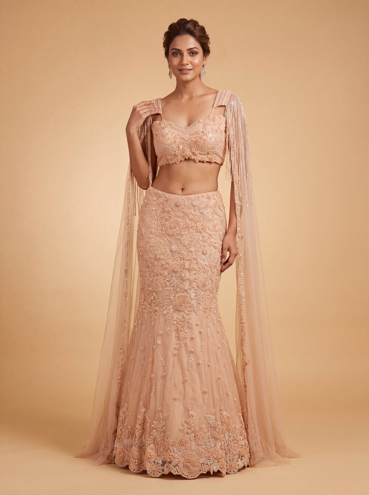 Peach Contemporary Bridal Lehenga With Embellished Crop Top Flare