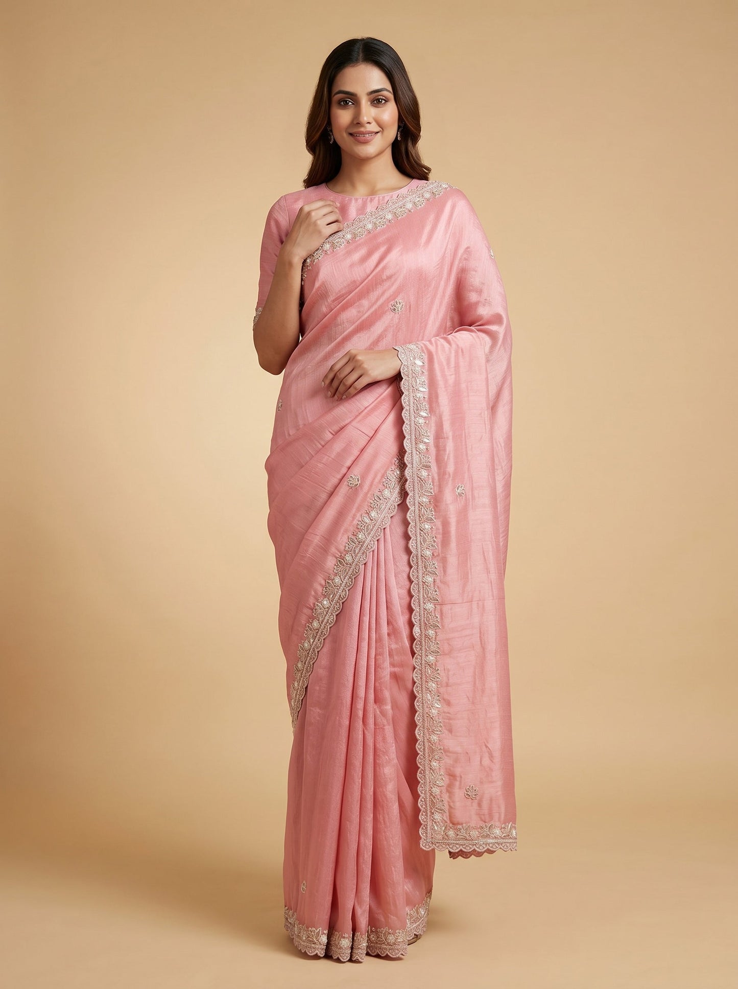 Peach Coral Blush Embroidered Saree