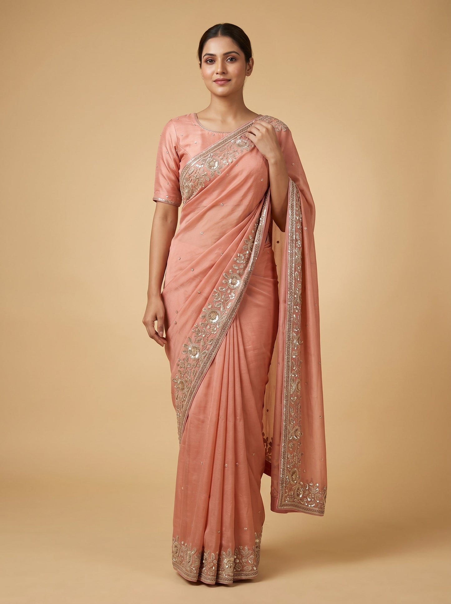 Peach Coral Glow Embroidered Saree