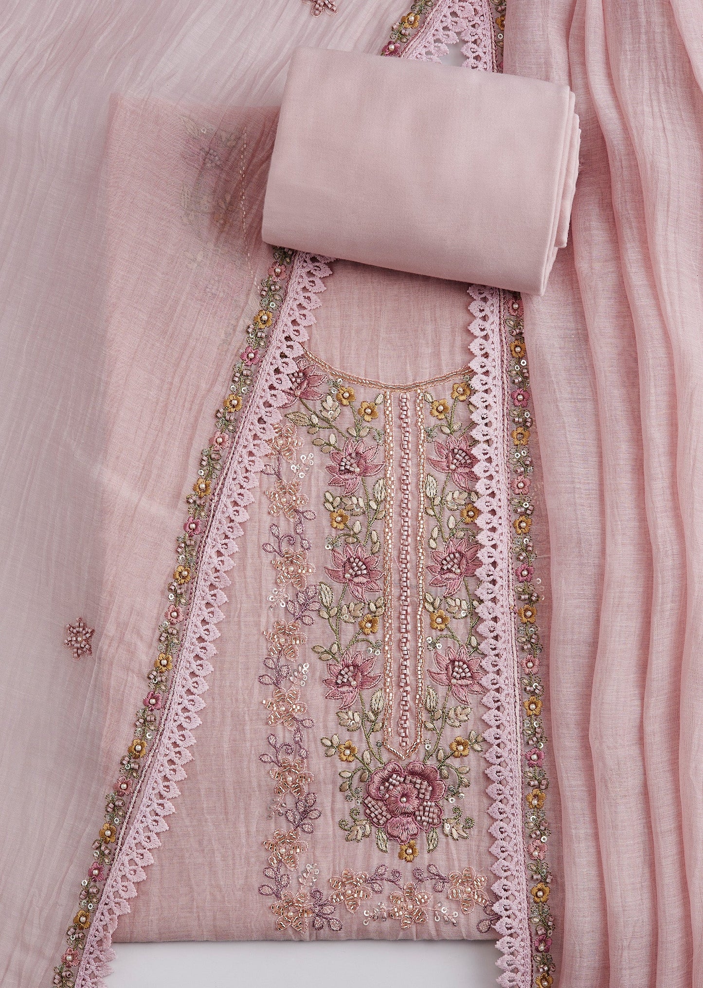 Peach Cotton Embroidered Unstitched Suit Set With Dupatta