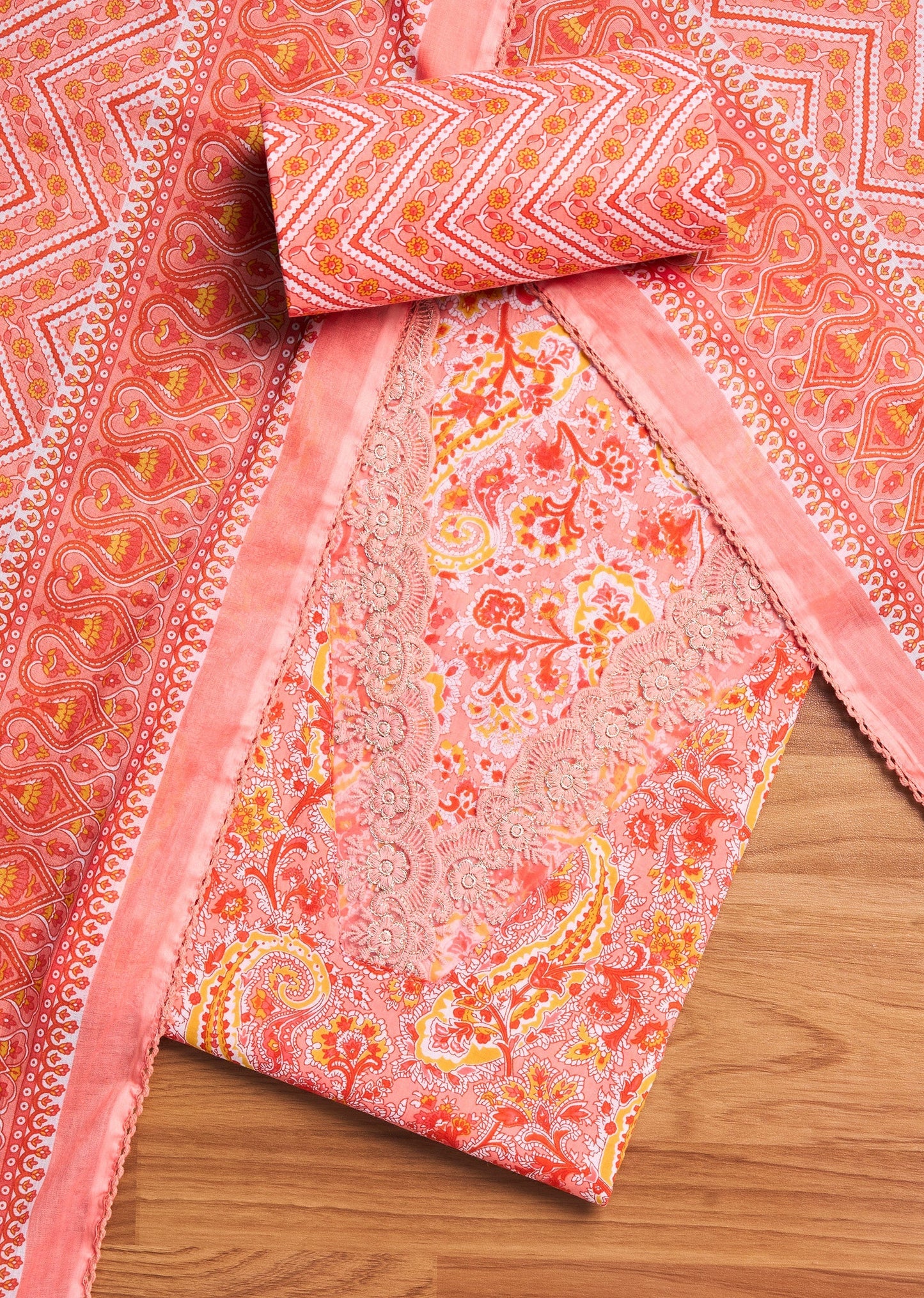 Peach Cotton Printed Unstitched Suit Set