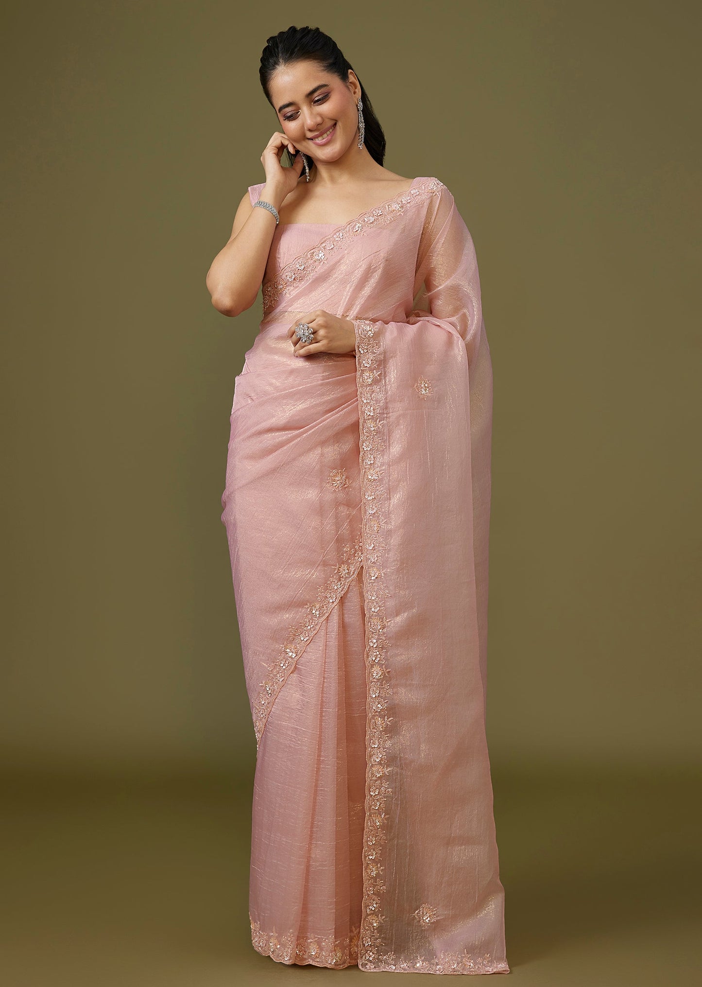 Peach Crush Tissue Saree With Hand Embroidered Border