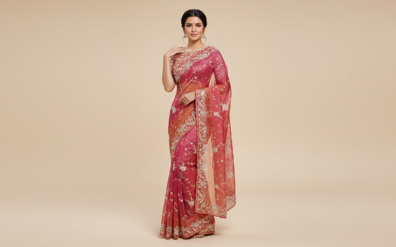Peach Soft-Tone Embroidered Saree