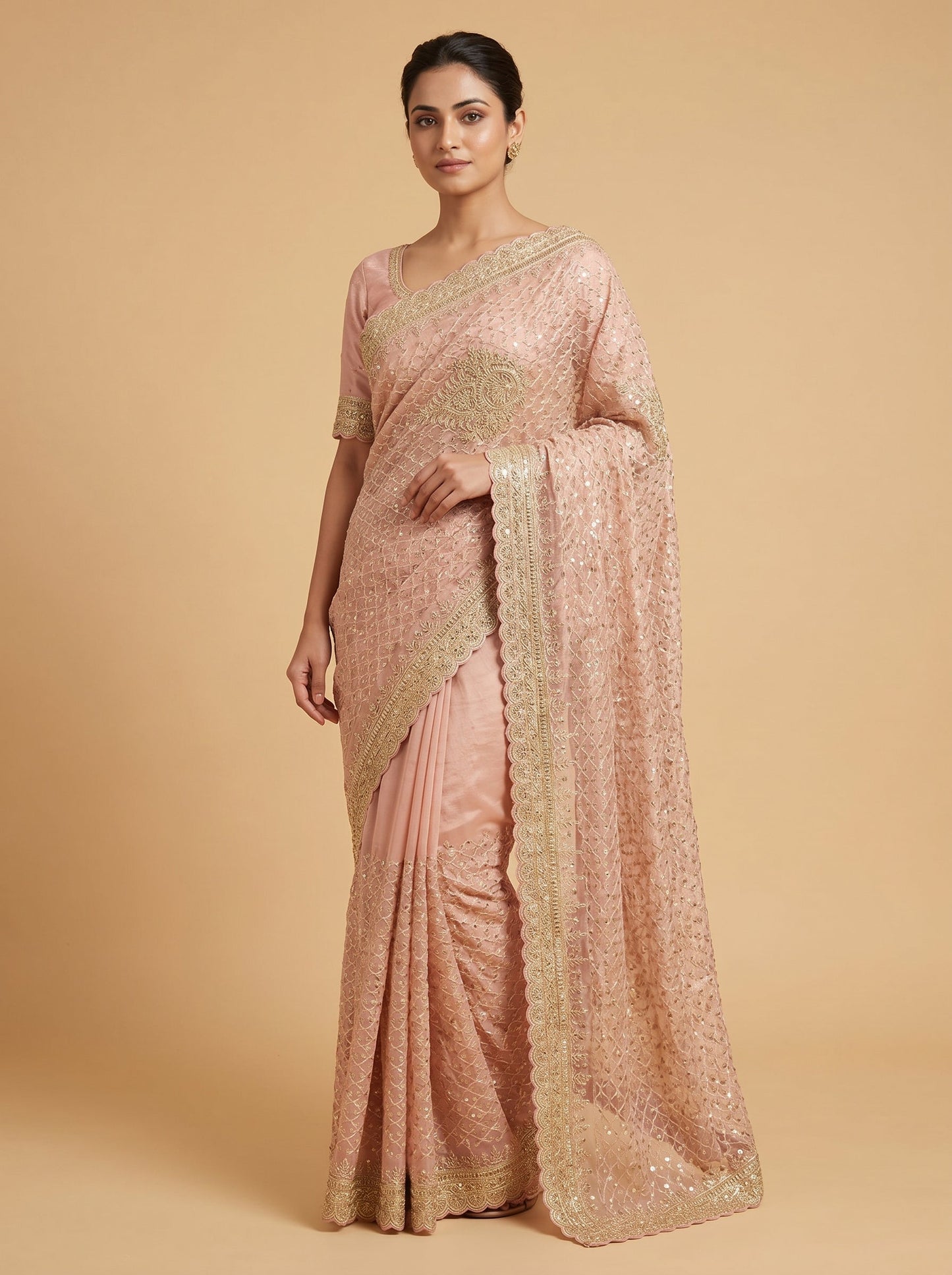 Peach Dimensional Detail Embroidered Saree