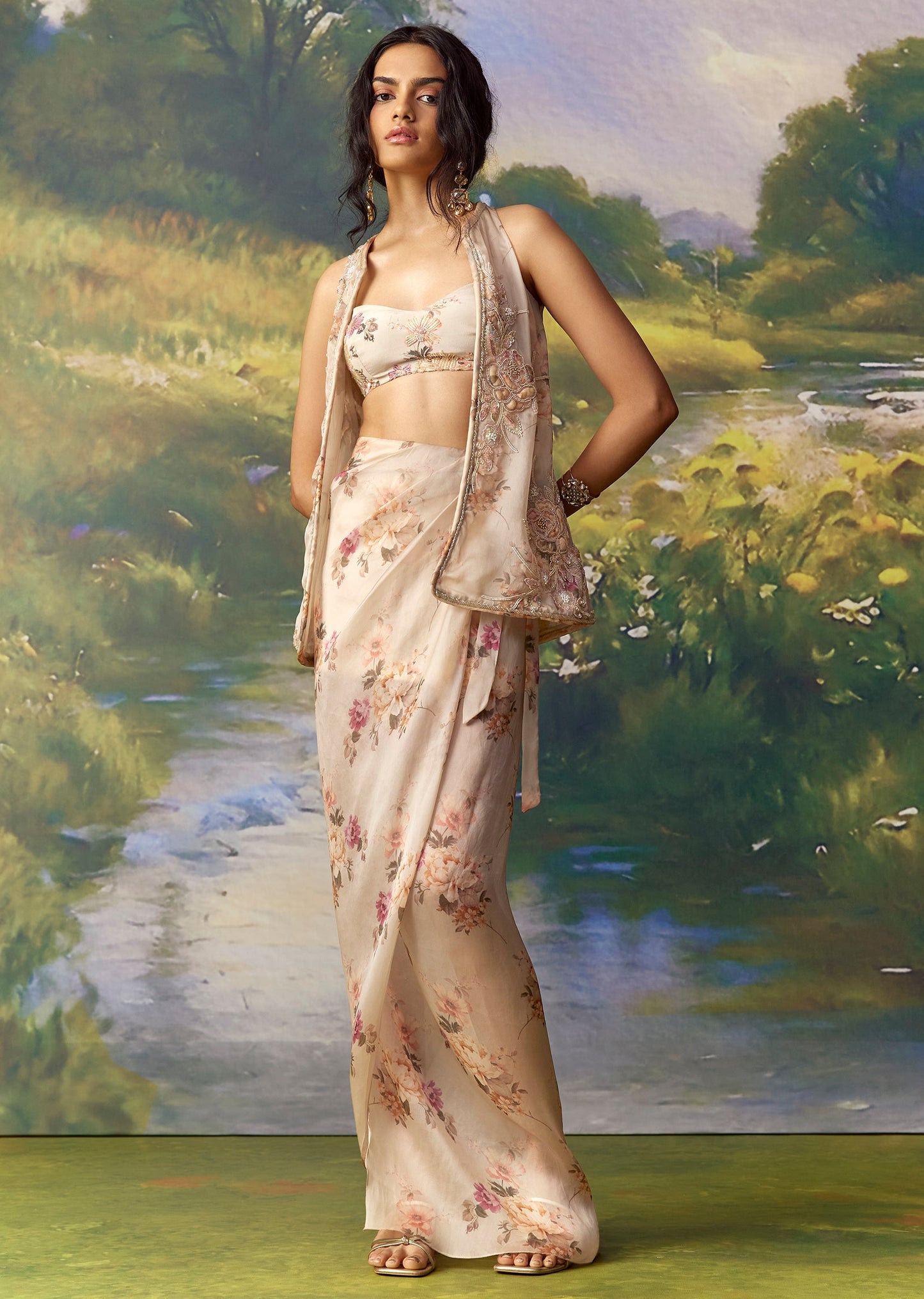 Peach Embroidered Organza Jacket Skirt Set