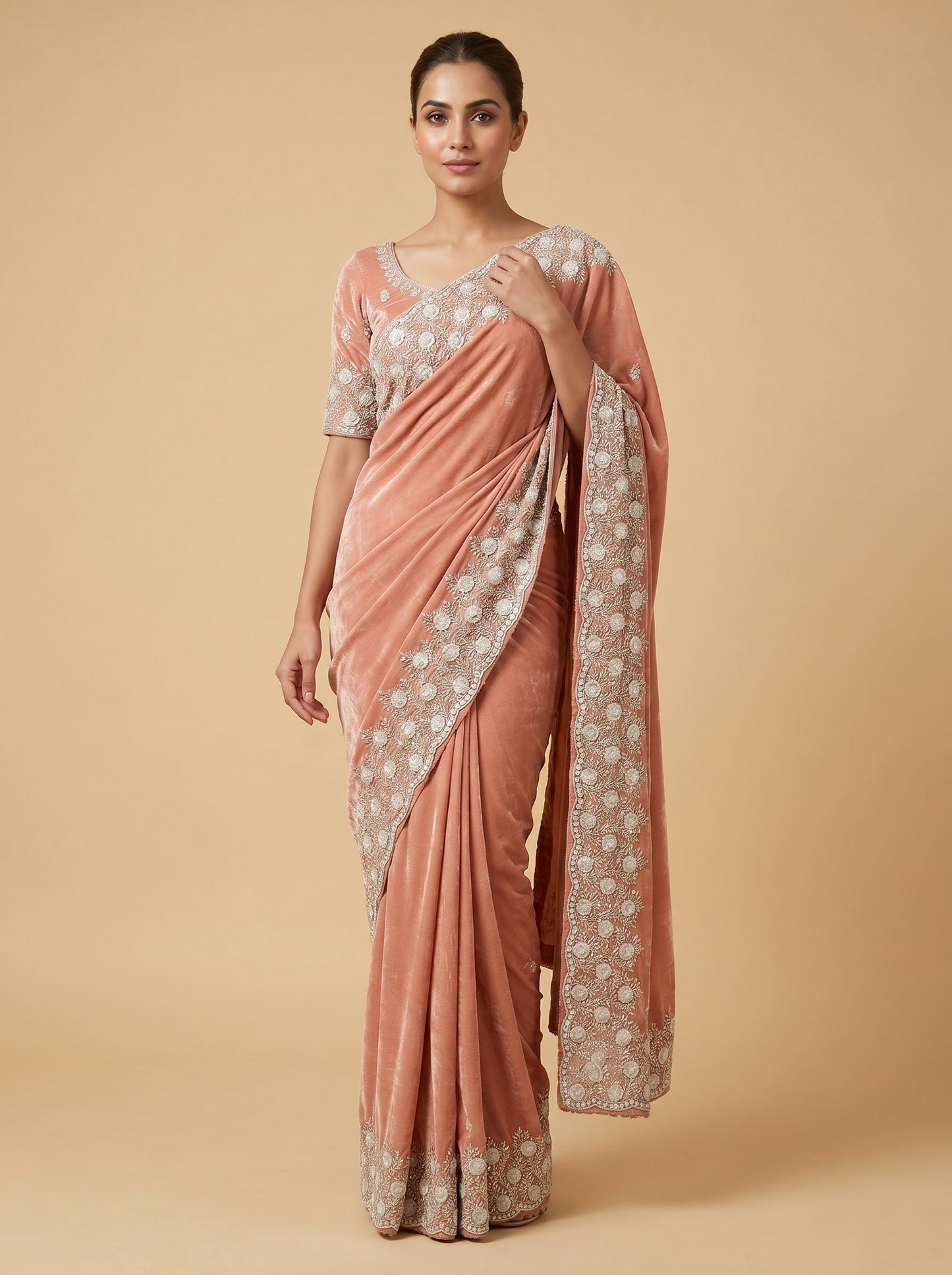 Peach embroidered saree with floral work