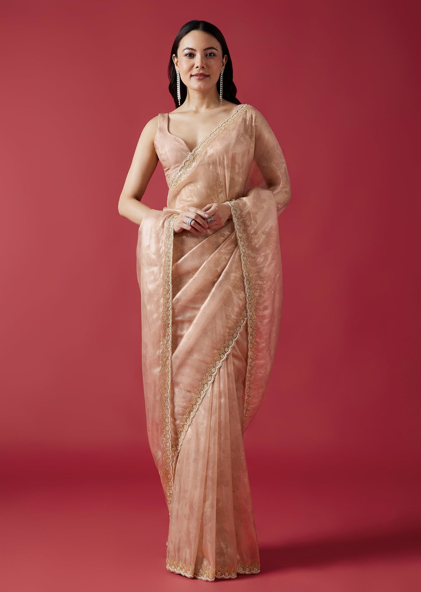 Peach Embroidered Tissue Organza Jacquard Saree With Scallop Border