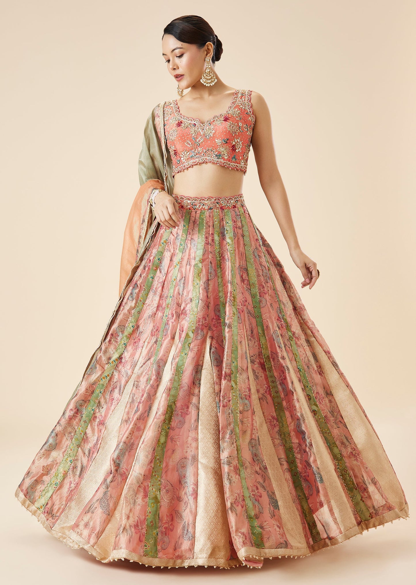 Peach Floral Embroidered Lehenga Set