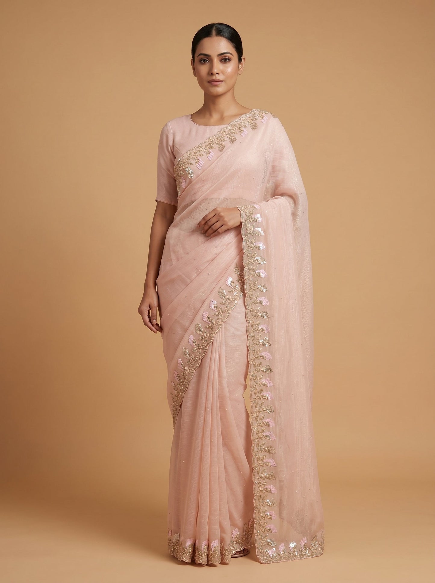 Peach Gentle Sheen Embroidered Saree