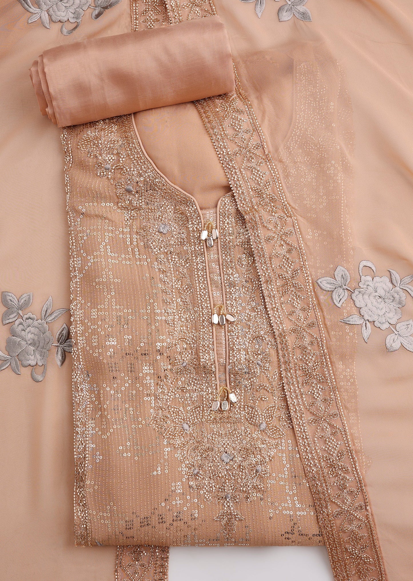 Peach Georgette Sequins Embroidered Unstitched Suit Set With Dupatta