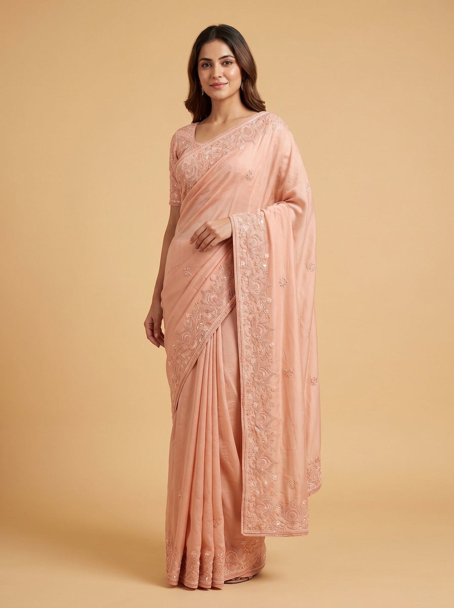 Peach Golden-Glow Embroidered Saree