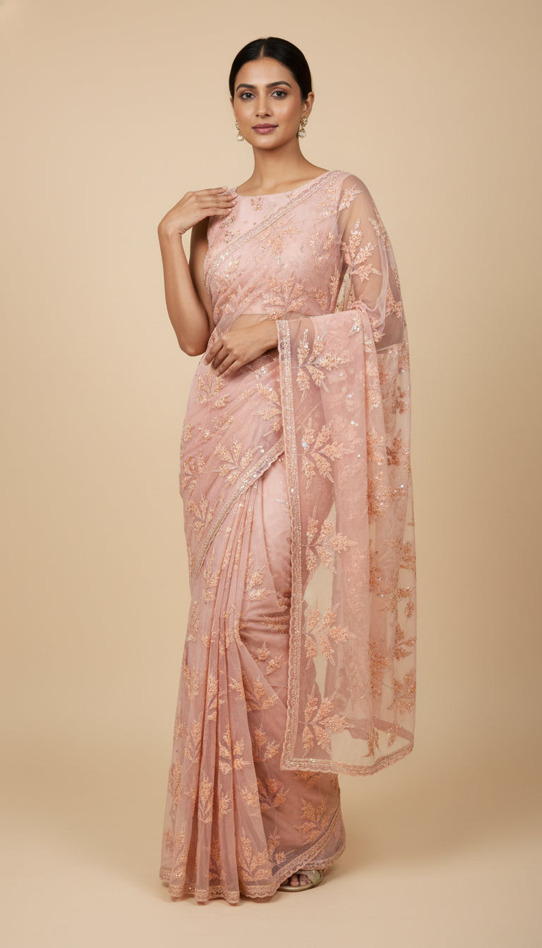 Peach Fluid Embroidered Saree