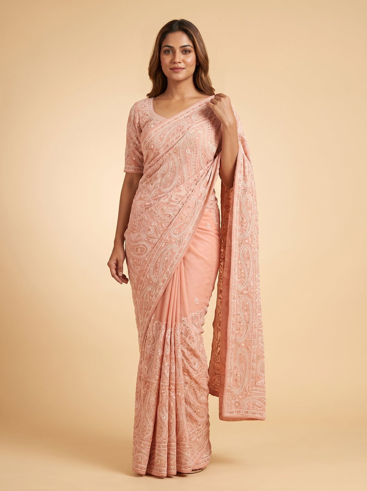 Peach Luminous Detailing Embroidered Saree