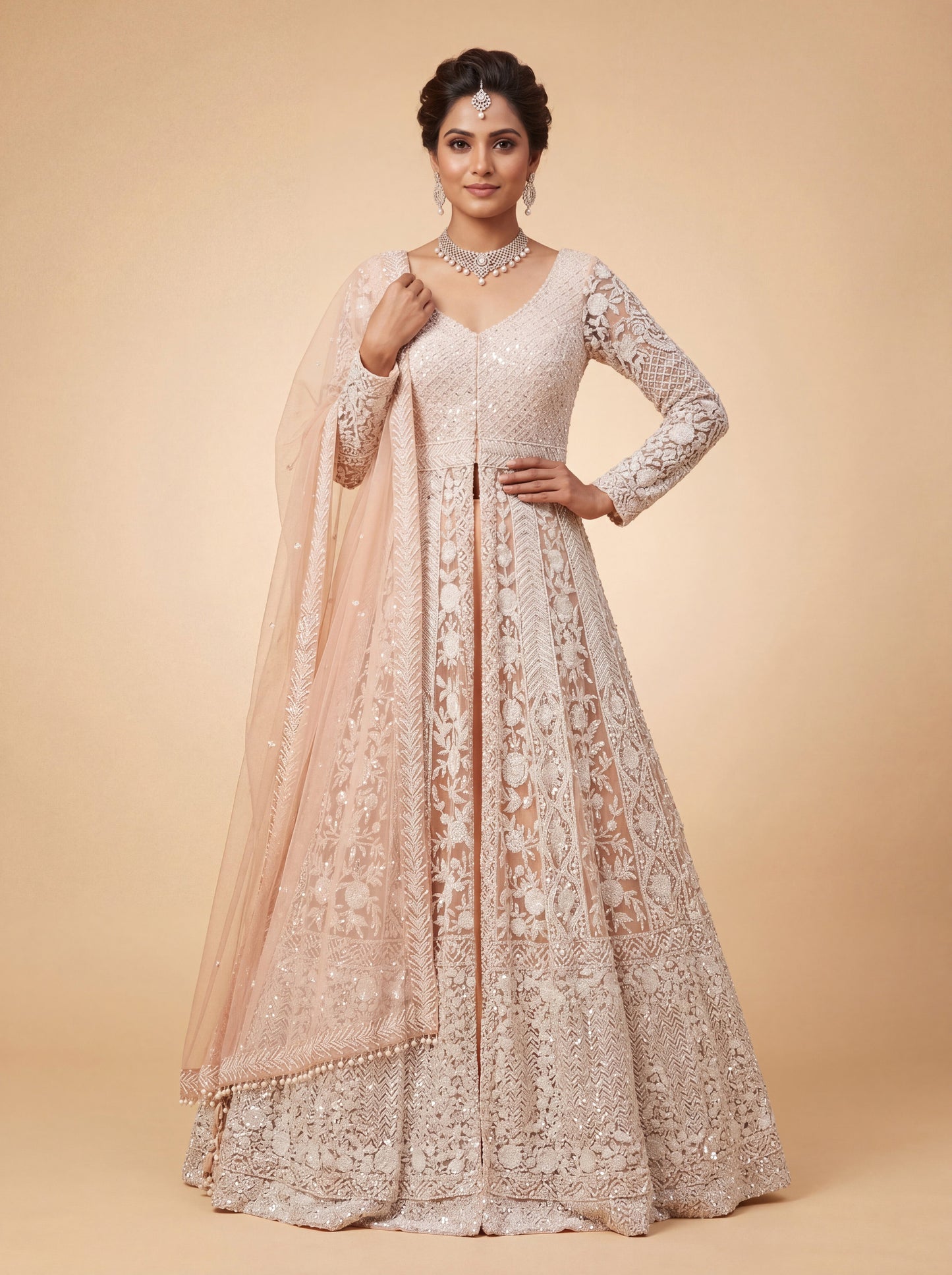 Peach Net Indowestern Lehenga With Floral Embroidered Flare