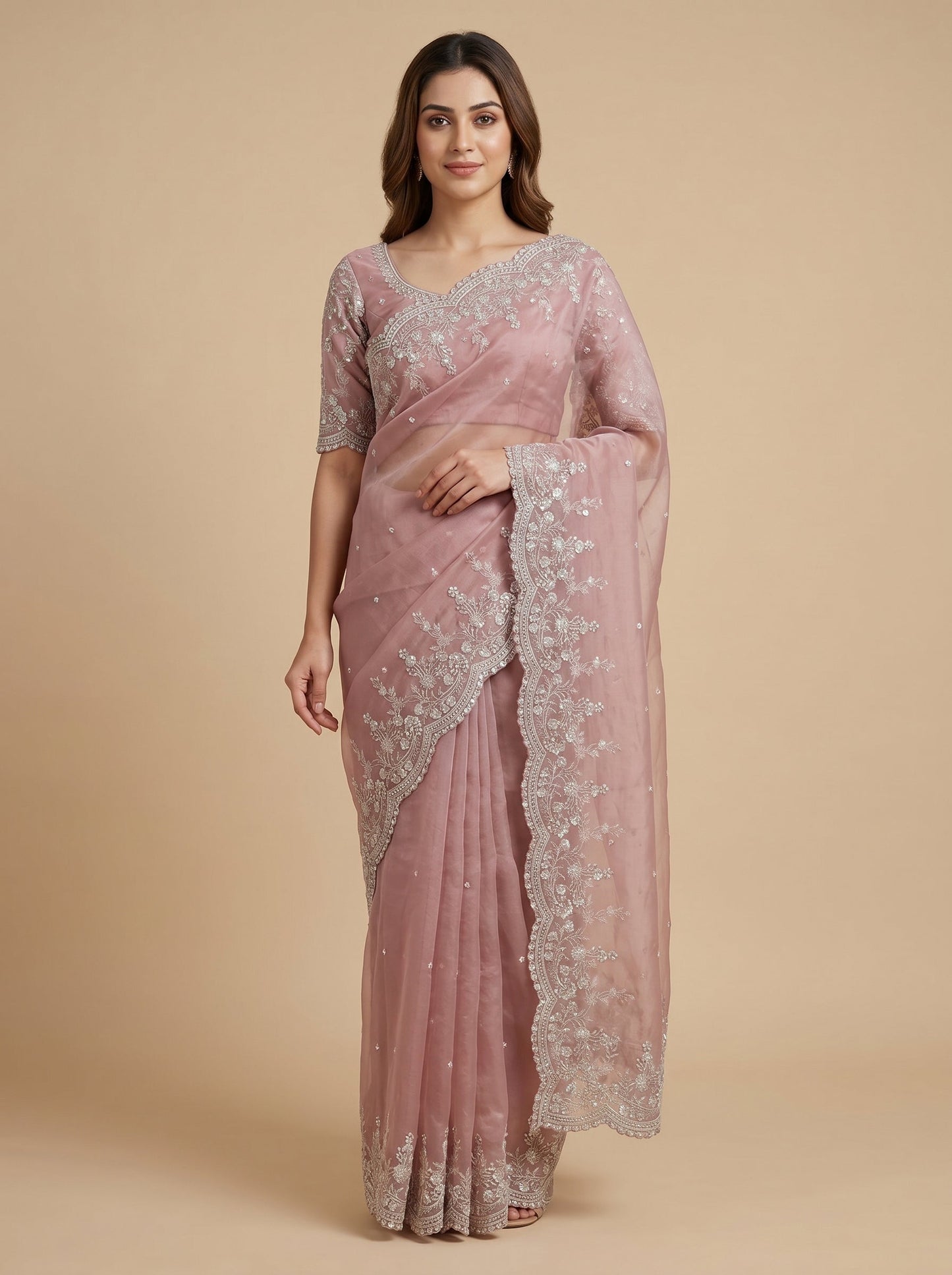 Peach Pink Dual Blush Embroidered Saree
