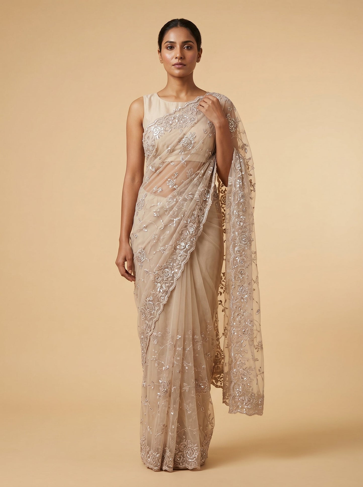 Peach Rosé-Tone Embroidered Saree