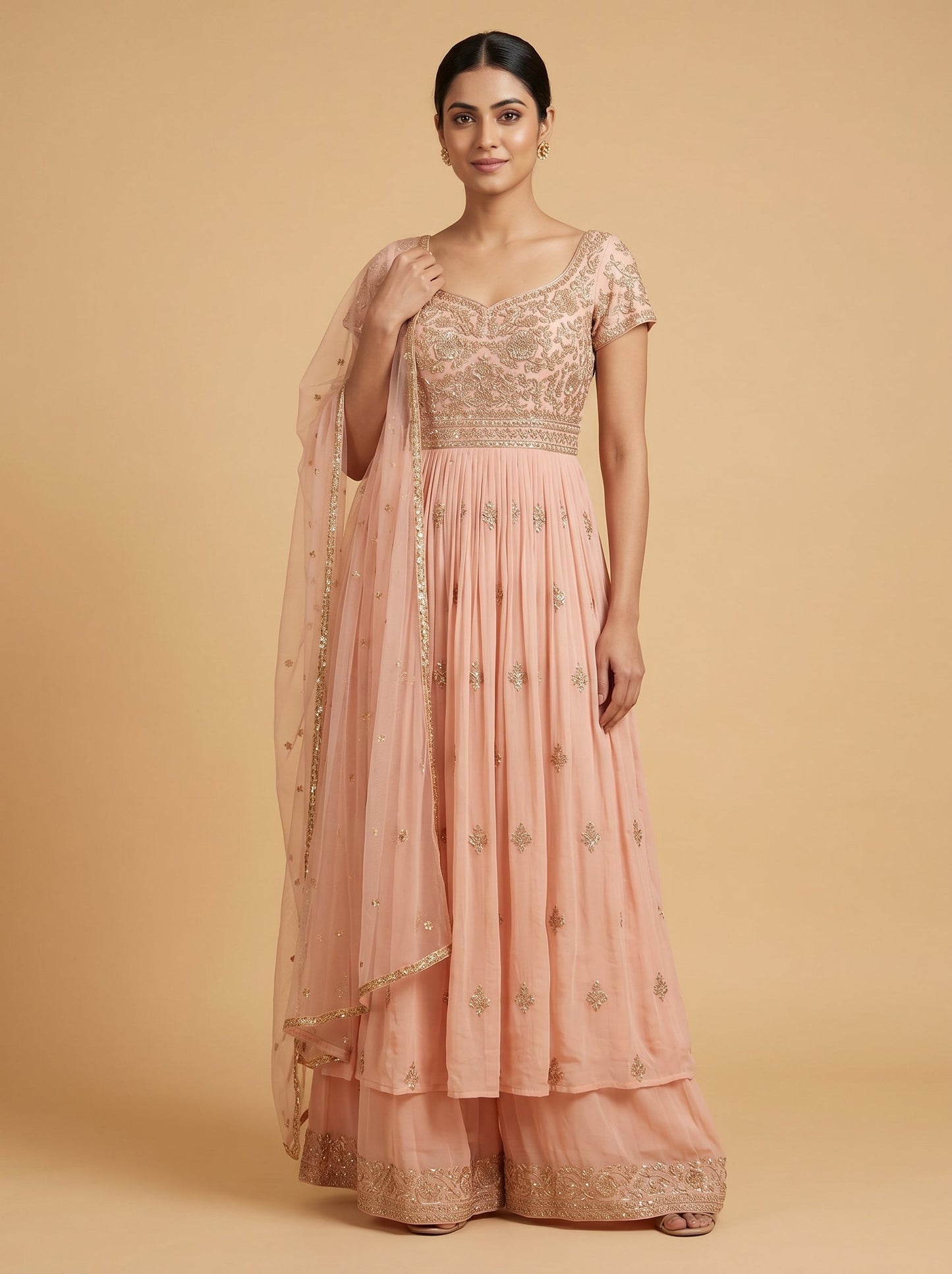 Peach Silk Anarkali Pant Set