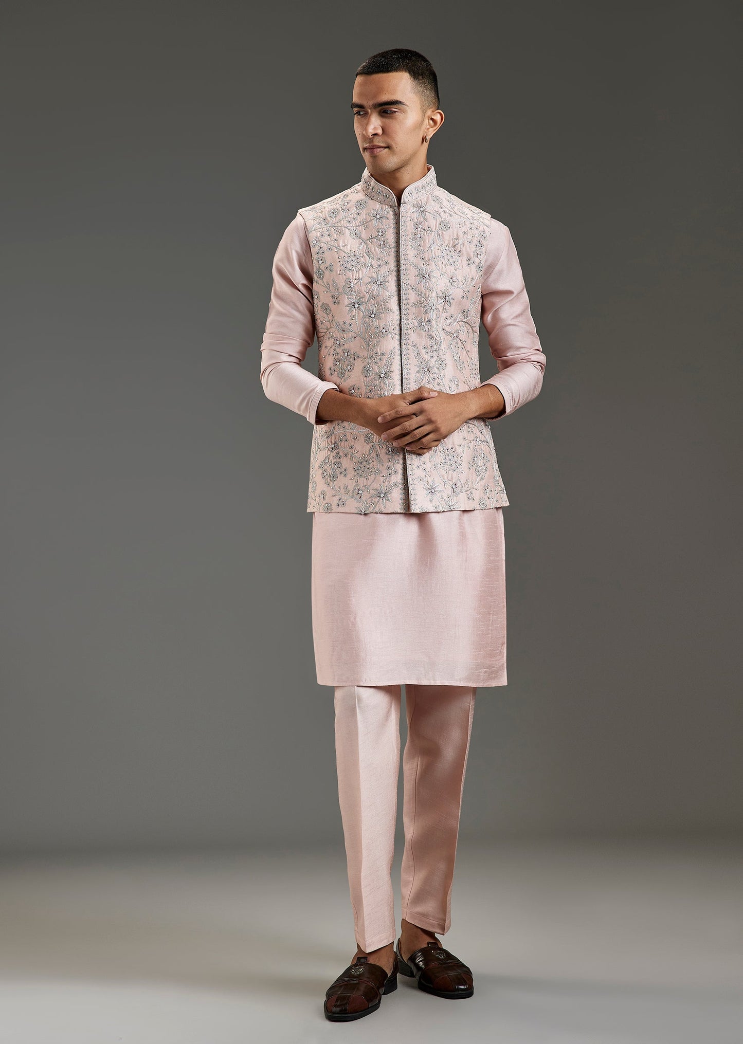 Peach Silk Kurta Jacket Set With Silver Zari Pearl Sequin Work
