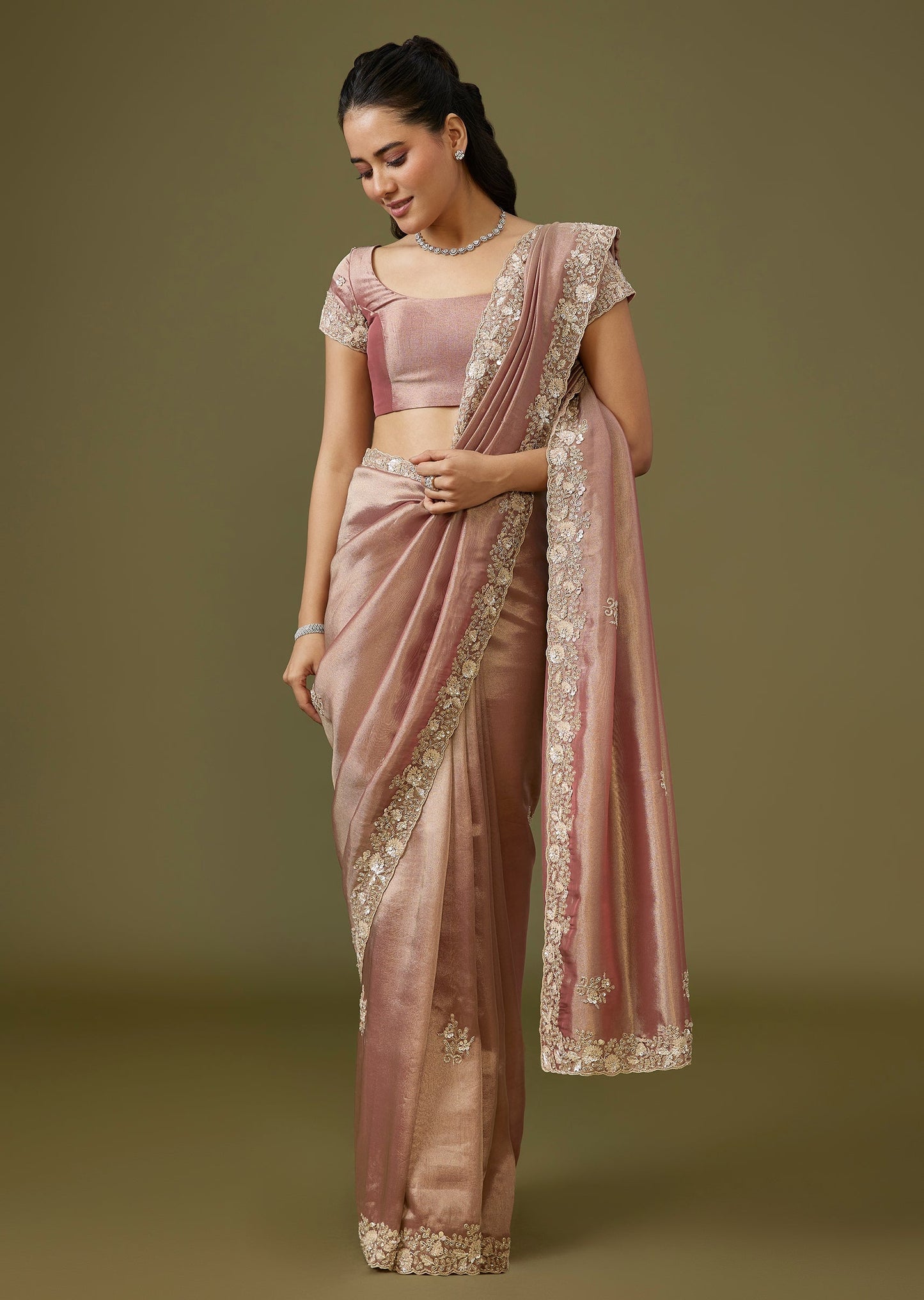 Peach Tissue Saree With Heavy Floral Border And Cutwork