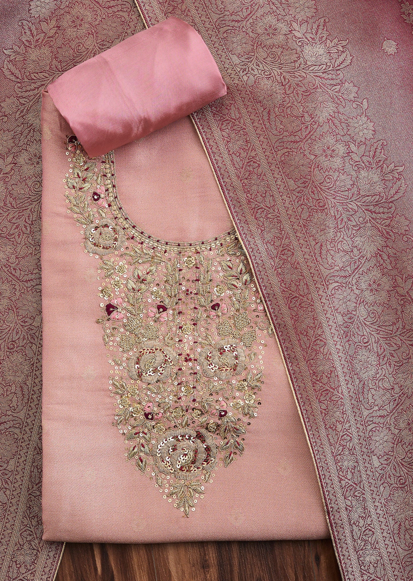 Peach Tissue Unstitched Suit with Contrast Dupatta