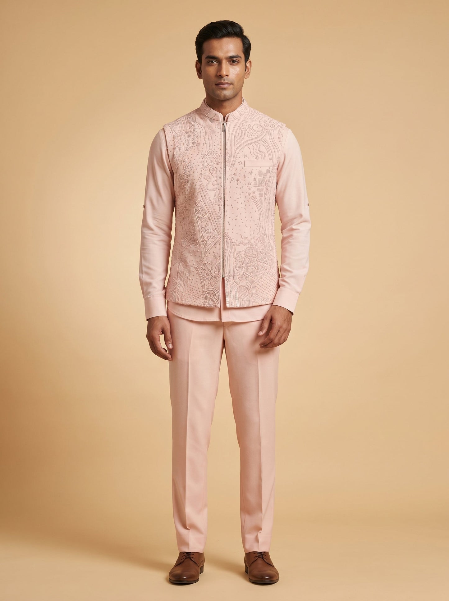 Peach Wedding Jacket Kurta Set