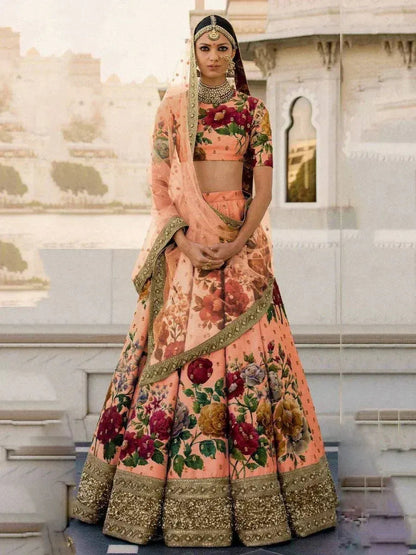 Tulsi Art Peach Floral Digital Printed Art Silk Bridal Lehenga Choli