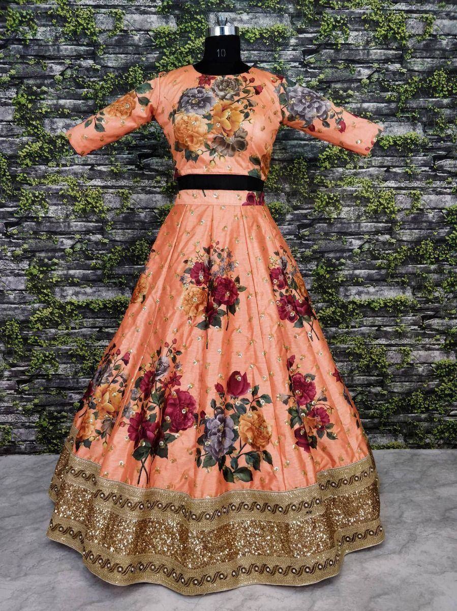 Tulsi Art Peach Floral Digital Printed Art Silk Bridal Lehenga Choli
