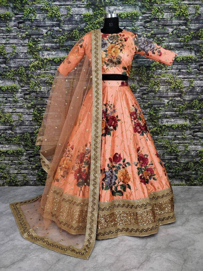 Tulsi Art Peach Floral Digital Printed Art Silk Bridal Lehenga Choli