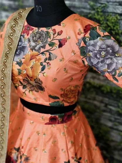 Tulsi Art Peach Floral Digital Printed Art Silk Bridal Lehenga Choli
