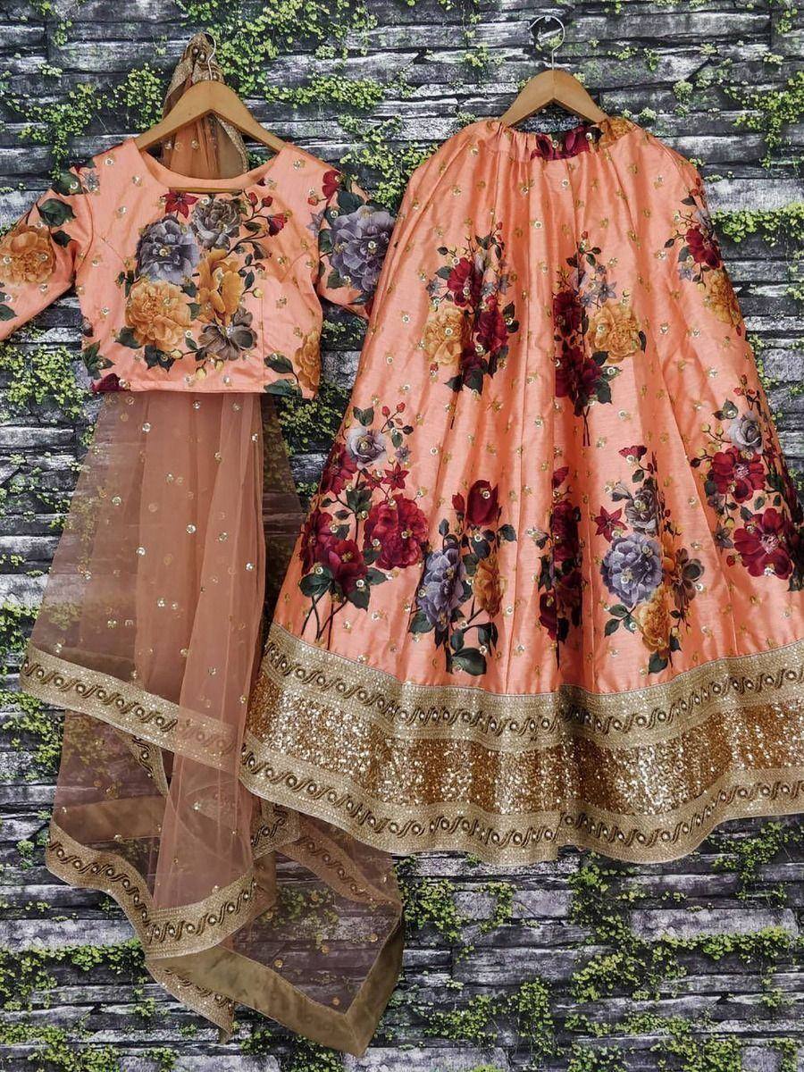 Tulsi Art Peach Floral Digital Printed Art Silk Bridal Lehenga Choli