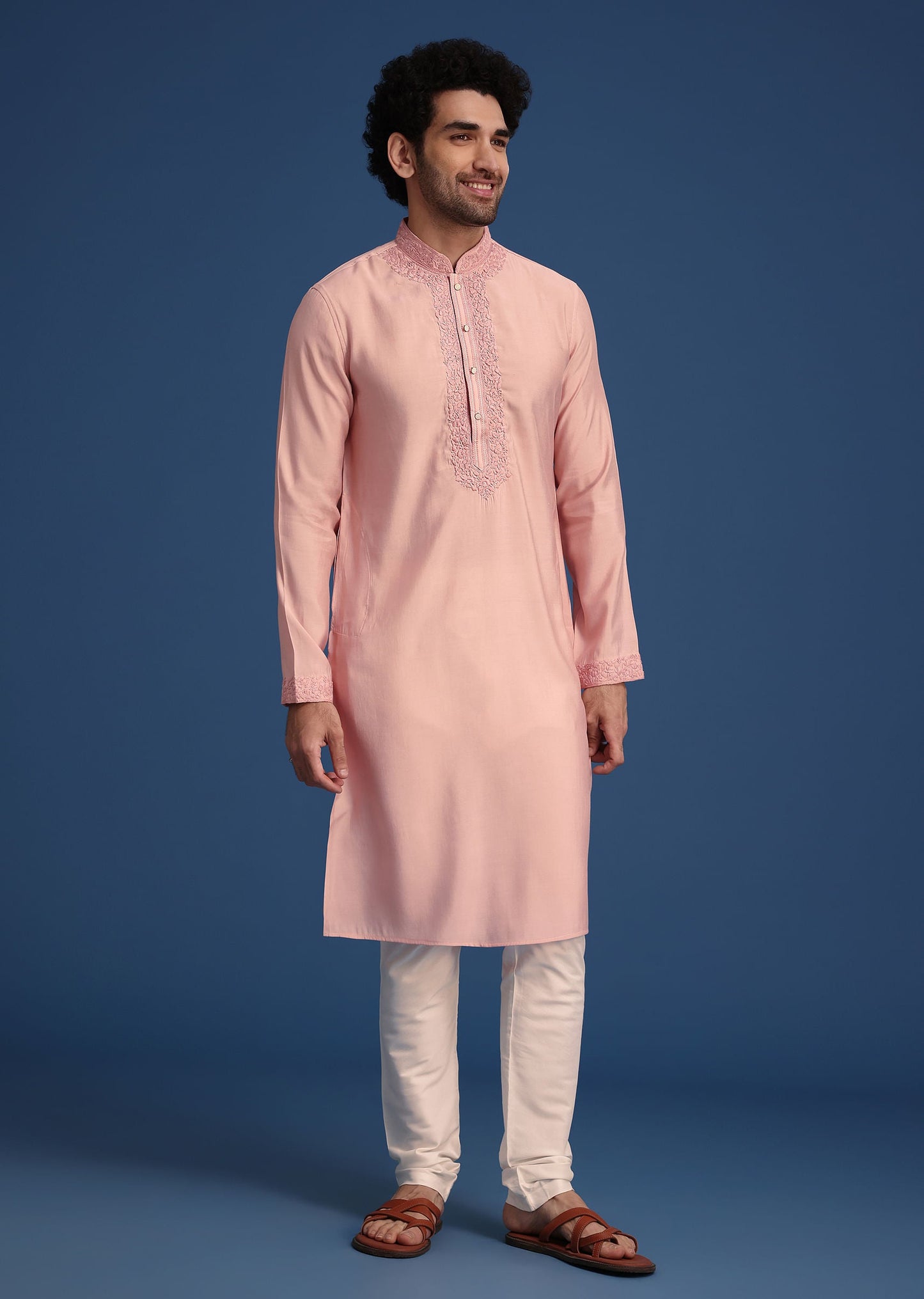Peach Thread Hand Embroidered Kurta Set