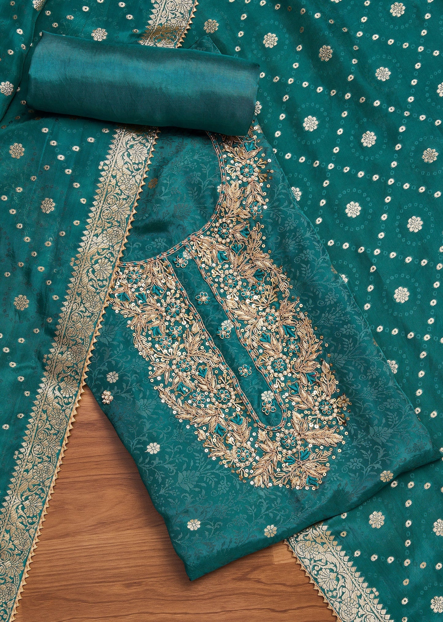 Peacock Blue Crepe Unstitched Suit With Dupatta and Bottom Fabric