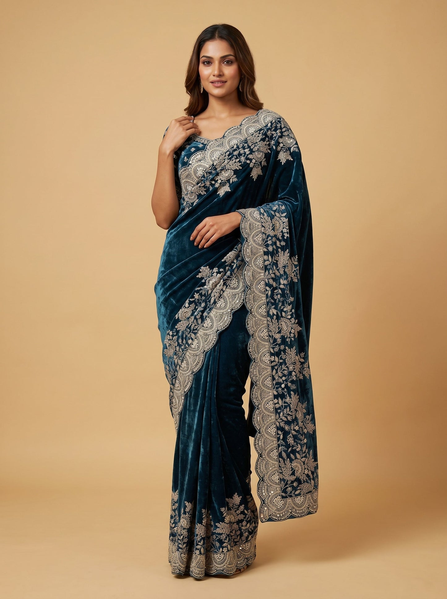 Peacock Blue Jewel Tone Embroidered Saree