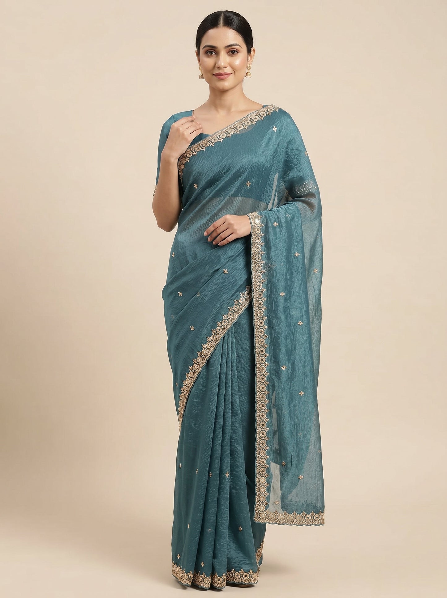 Peacock Blue Royal Feather Embroidered Saree