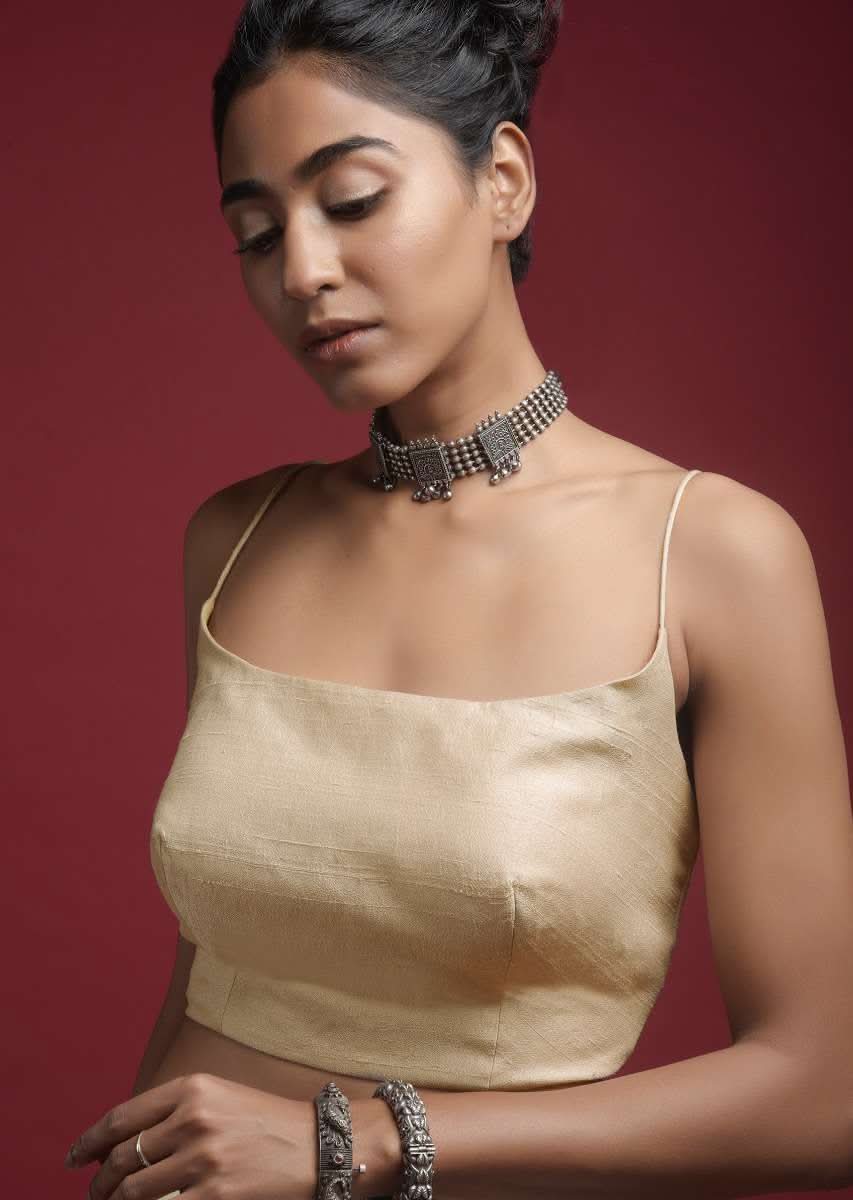 Pearl White Spaghetti Strap Blouse In Dupion Silk With Tube Neckline Online - Kalki Fashion