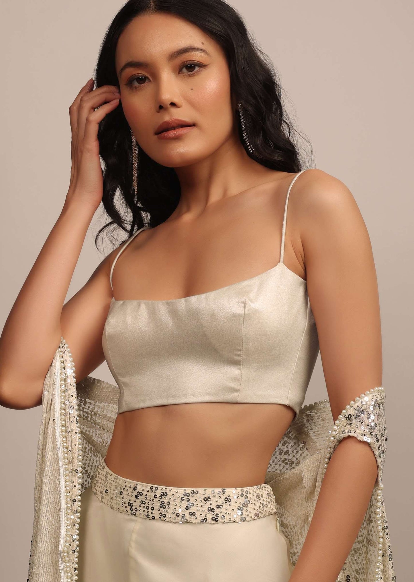 Pearl White Strappy Blouse With Scoop Neckline In Satin
