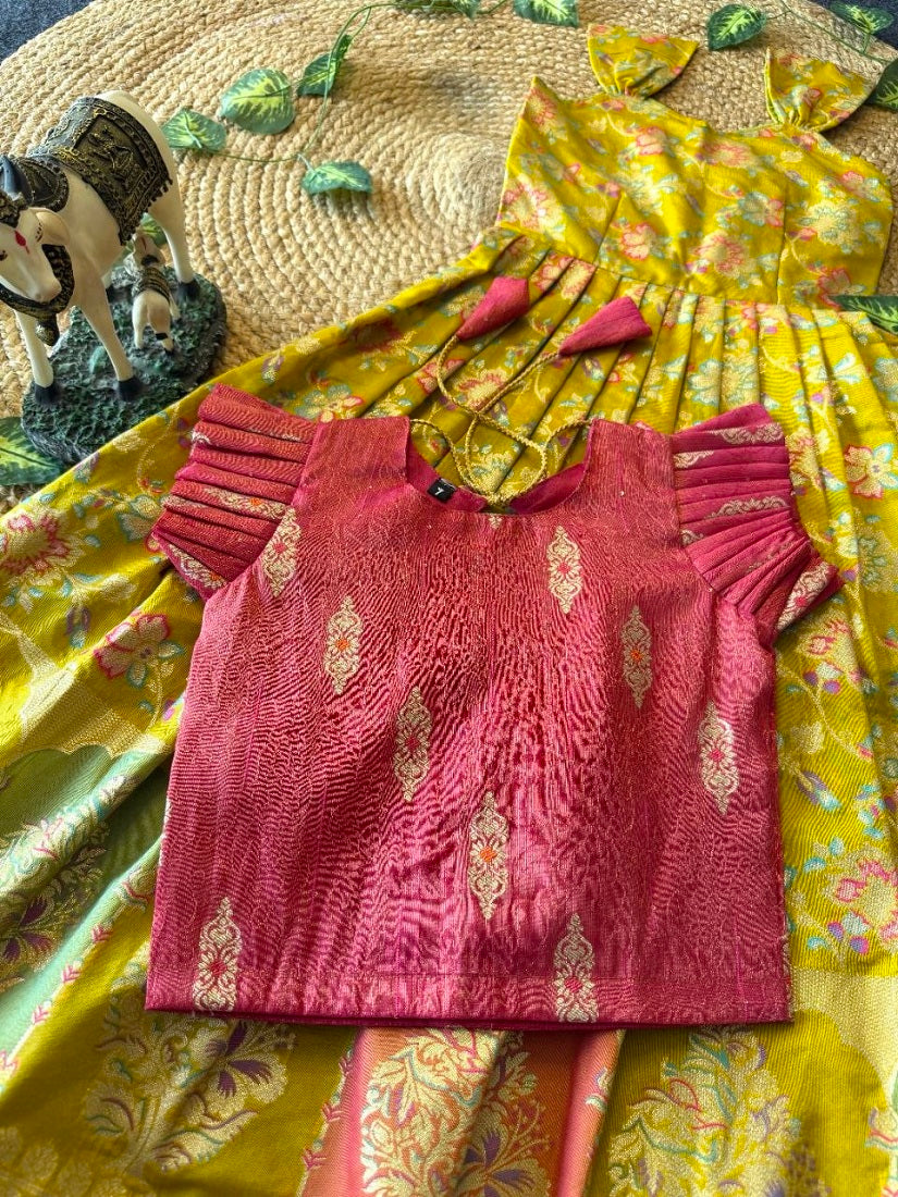 Evanik Festive Wear Green Dola Silk zari and thread weaving Gown With Pink Koti