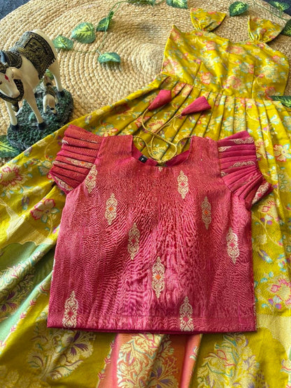 Evanik Festive Wear Green Dola Silk zari and thread weaving Gown With Pink Koti