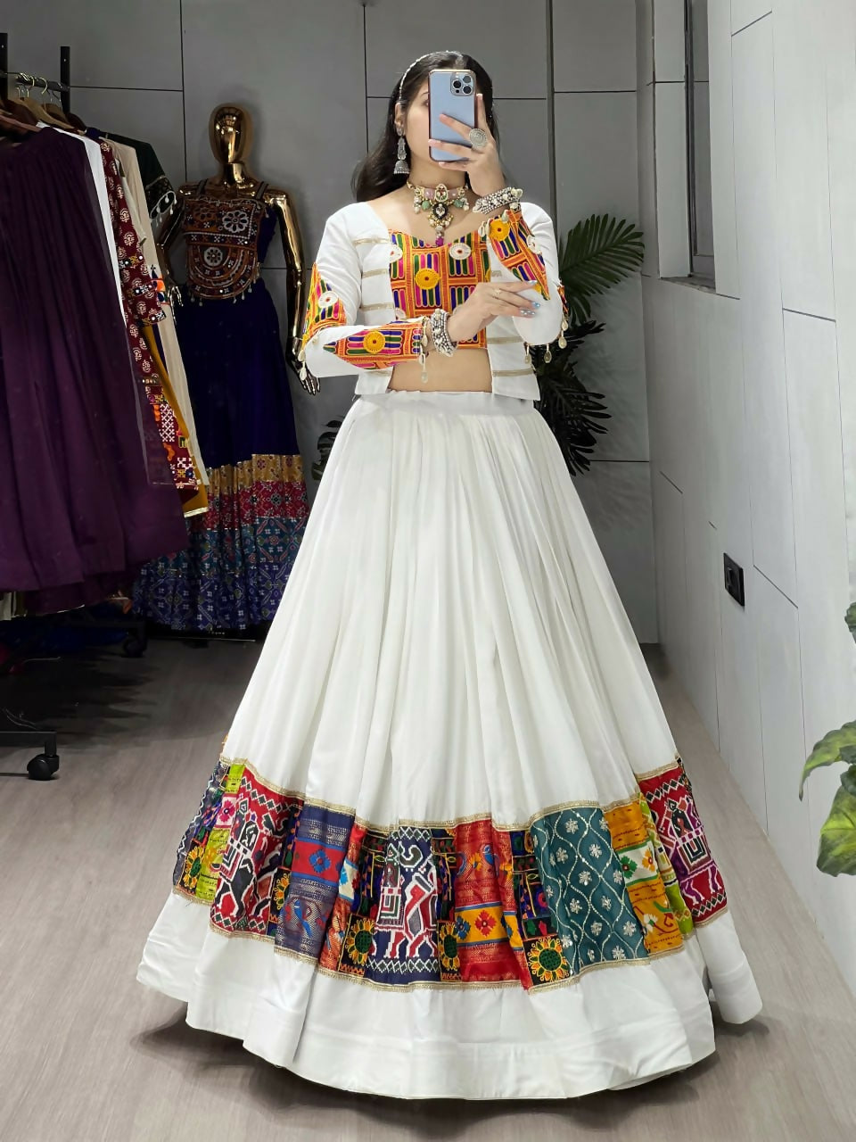 Yash Enterprise White Rayon Cotton Embroidery Semi Stitched Navratri Chaniya Choli