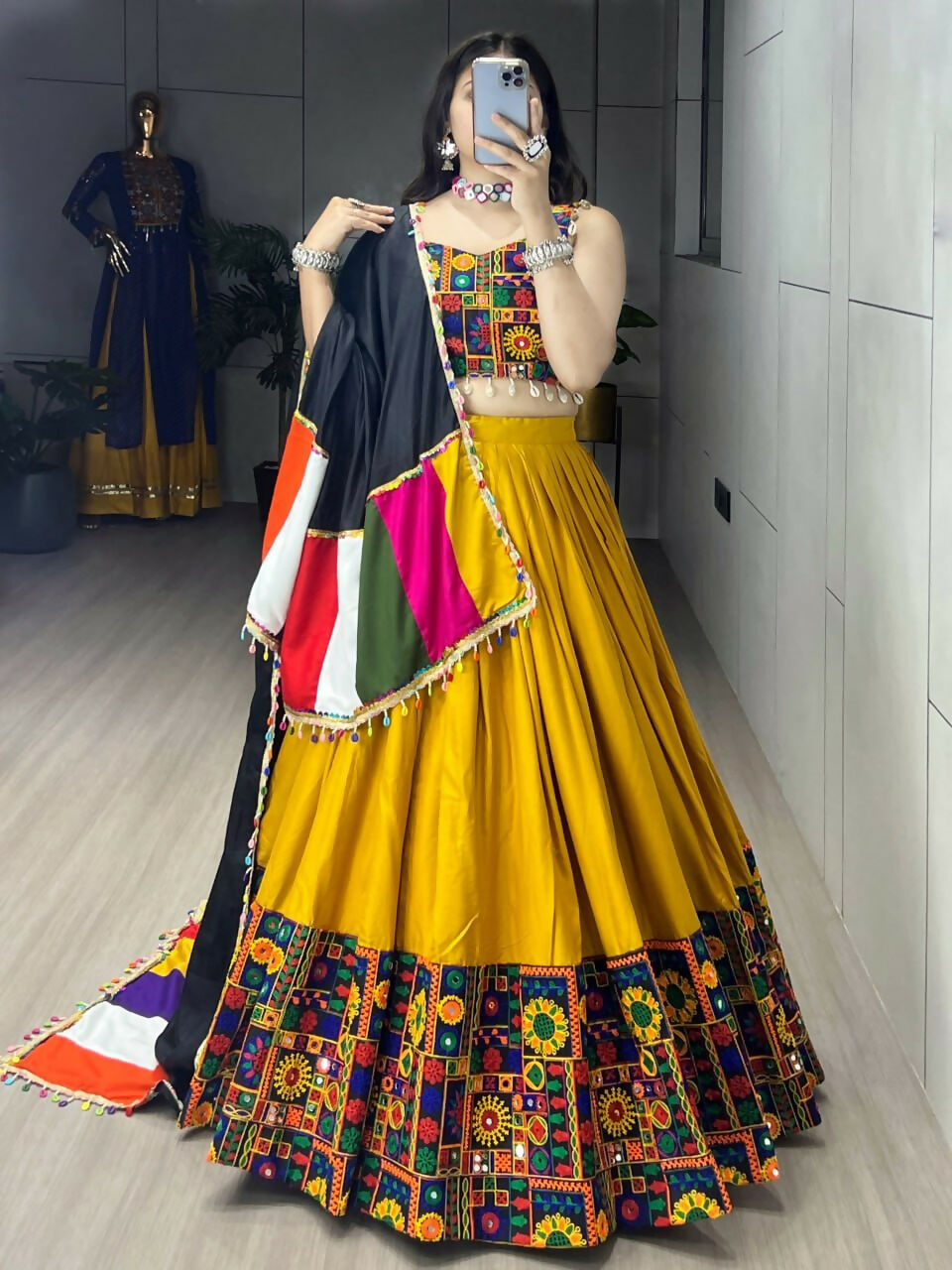 Yash Enterprise Mustard Rayon Cotton Embroidery Semi Stitched Navratri Chaniya Choli