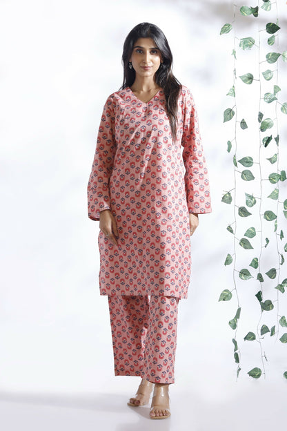 Breathables WomenS Loungewear Long Kurta Co-Ord Set Cotton Pink Indian Motif Butta Print