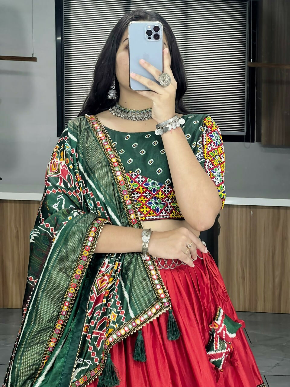 Yash Enterprise Red Dhola Silk Embroidery Semi Stitched Navratri Chaniya Choli