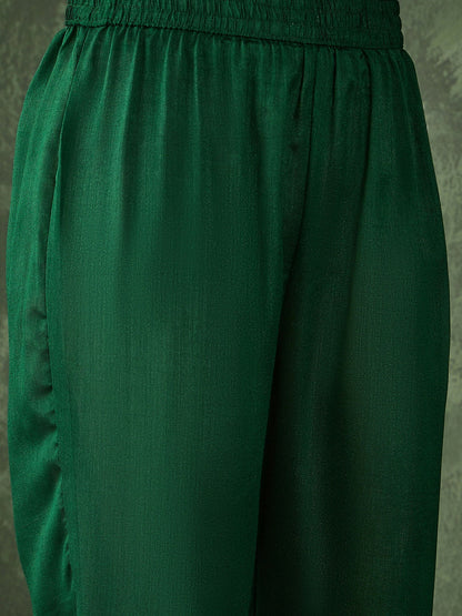 The52 Women's Beautiful Embroidery Work Vichitra Silk Fabric Flared Kurta Pant and Dupatta Set-Green
