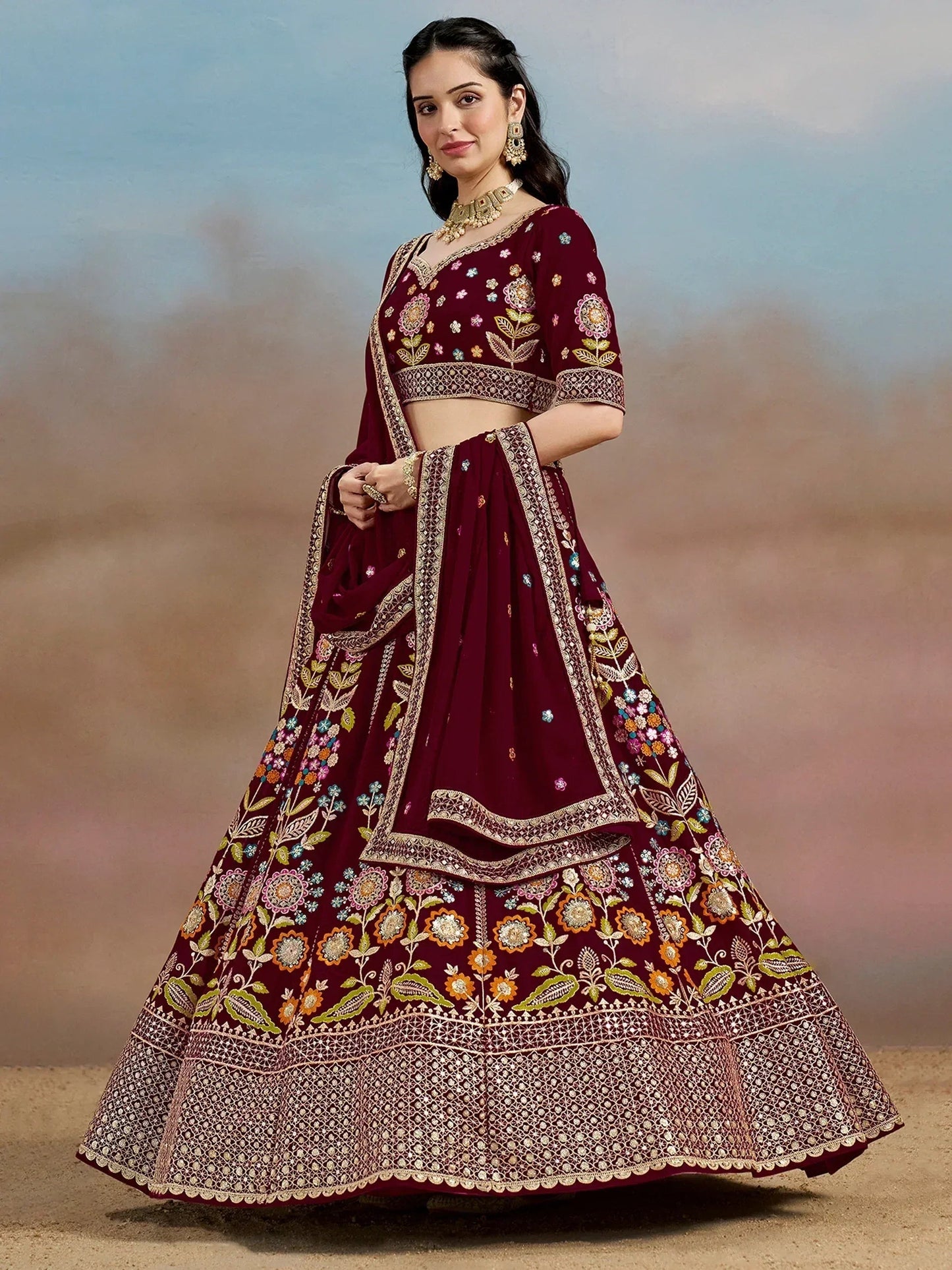 Tulsi Art Phenomenal Maroon Sequins Georgette Reception Wear Lehenga Choli