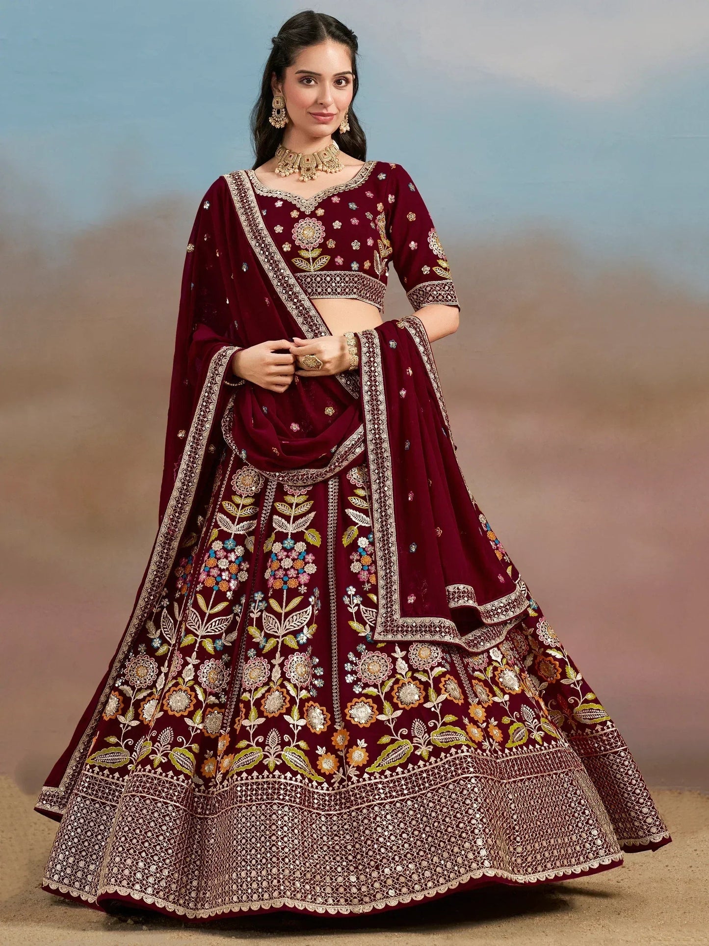 Tulsi Art Phenomenal Maroon Sequins Georgette Reception Wear Lehenga Choli