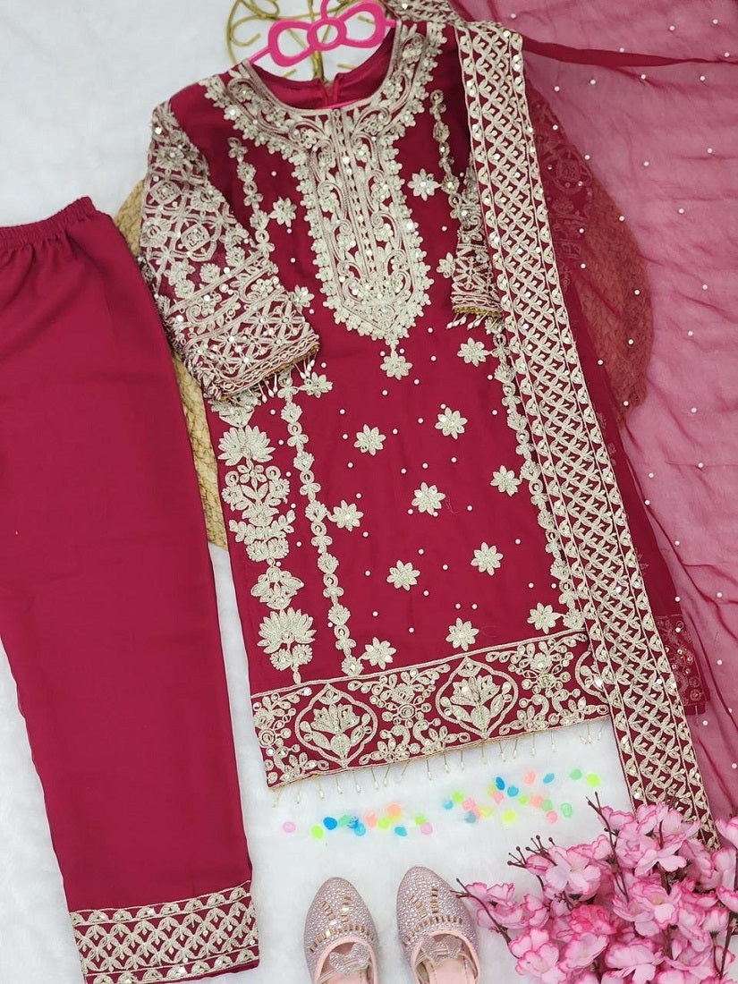 Evanik Elegant Maroon Georgette Embroidered Work Girls' Salwar Suit Set