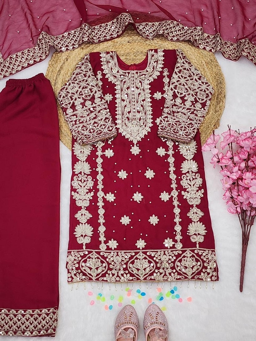 Evanik Elegant Maroon Georgette Embroidered Work Girls' Salwar Suit Set