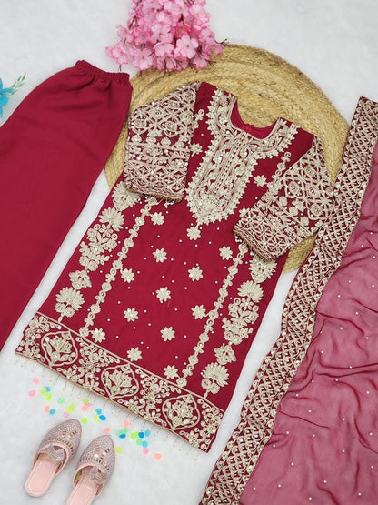 Evanik Elegant Maroon Georgette Embroidered Work Girls' Salwar Suit Set