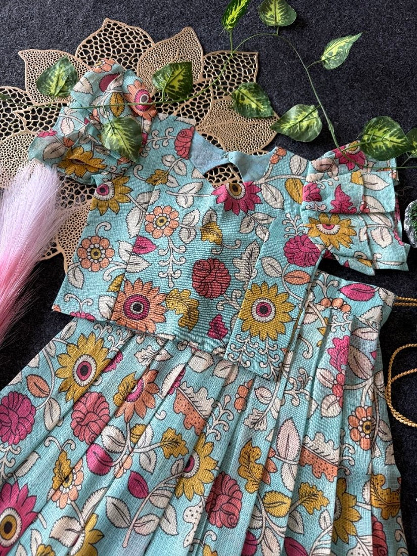 Evanik Blue Kota Chex Fabric With Floral Printed Kids Lehenga Choli
